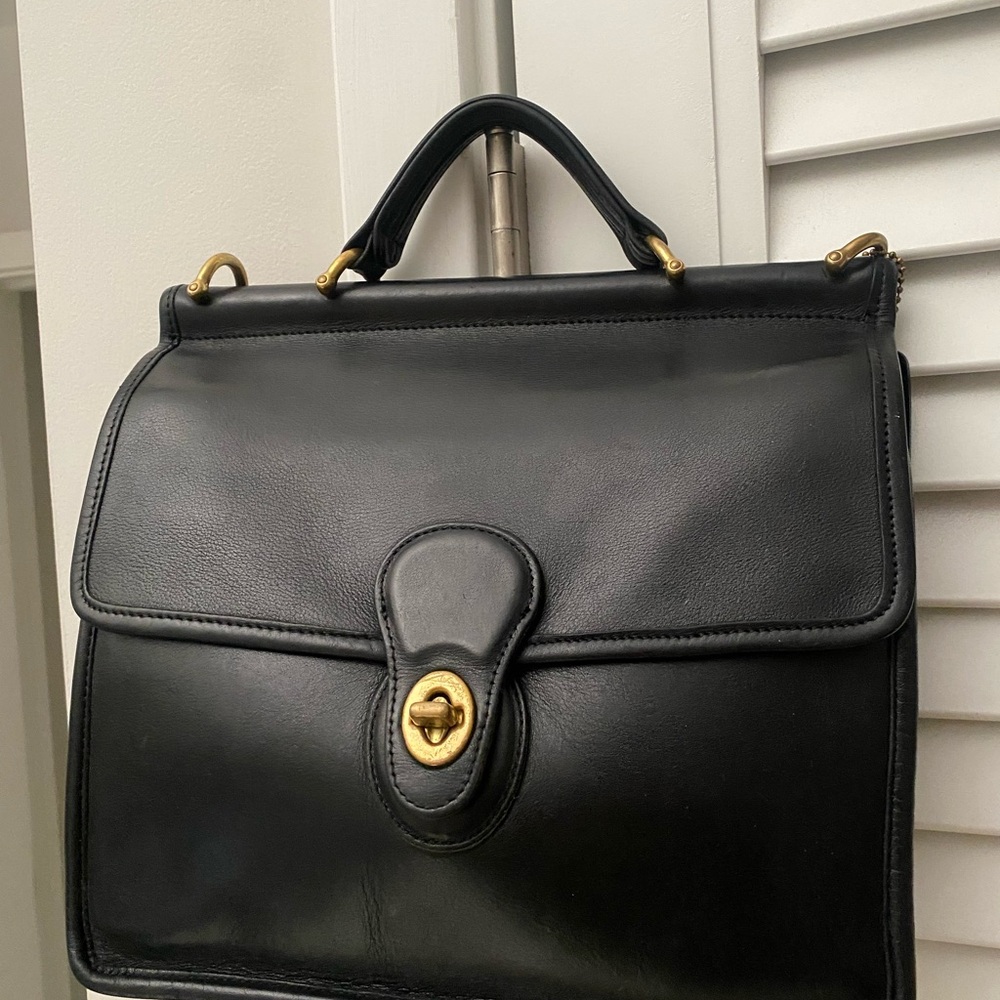 Vintage 1990s Coach Black Leather two-way Handbag with Gold Accents